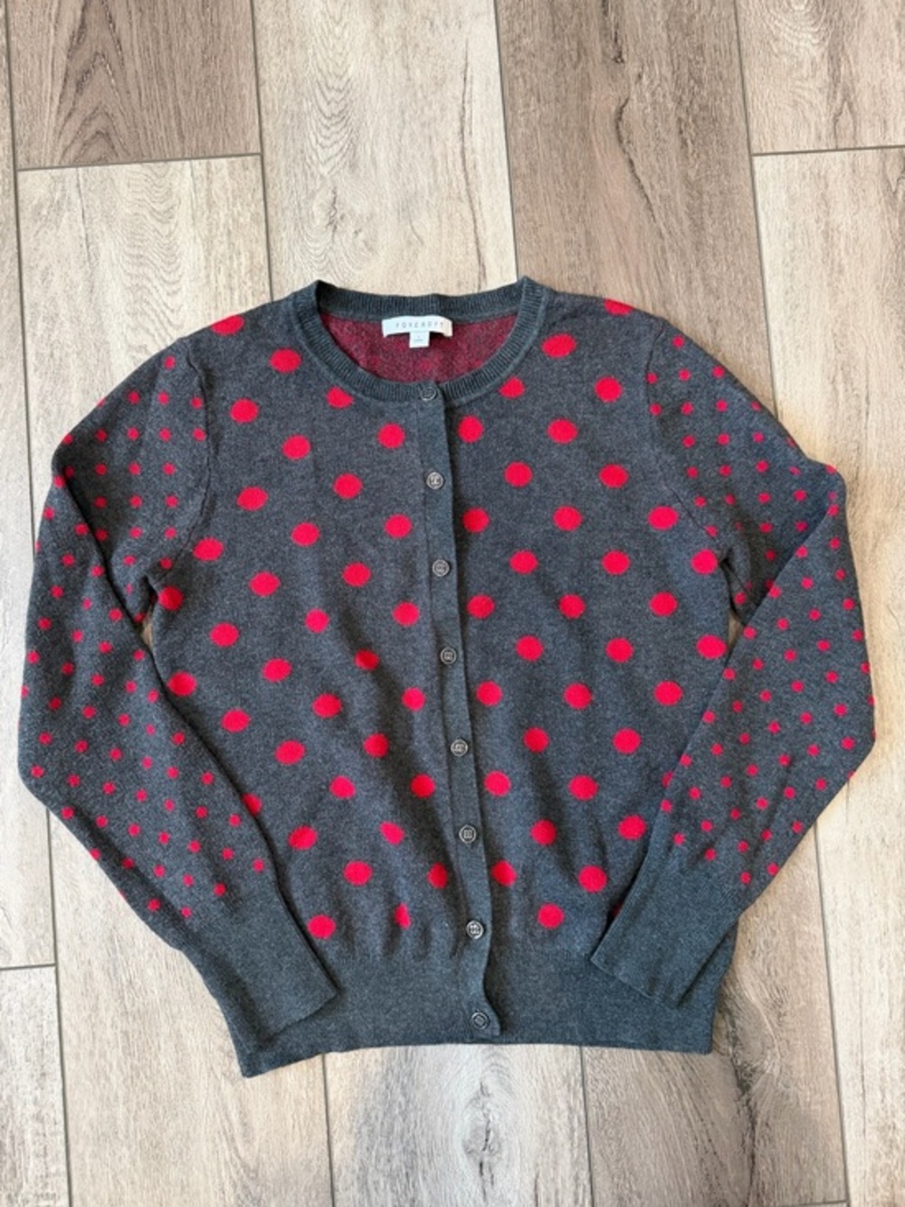 Foxcroft- Classic Wool Blend Charcoal Gray Cardigan with Red Polka Dots (S)